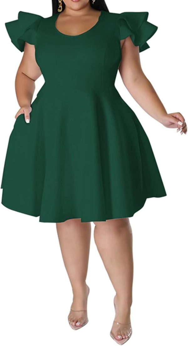 Women's Plus Size Cape Flutter Sleeve Stretchy A Line Swing Flared Skater Cocktail Party Dress with Pockets